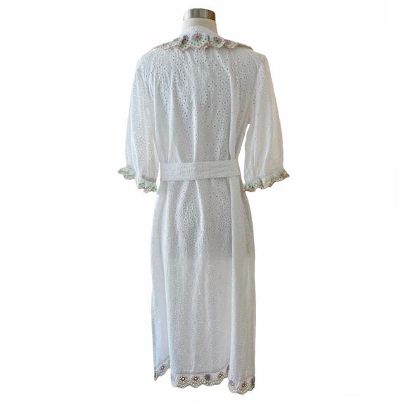 ROLLER RABBIT Luca Caftan Dress White Eyelet Embroidery Scalloped Floral Small - Picture 9 of 11
